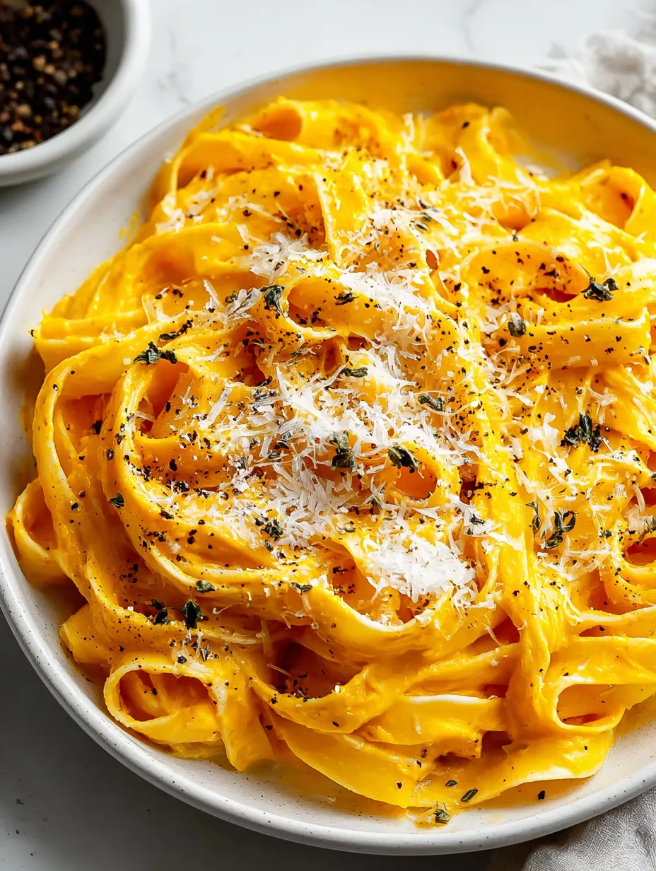 A bowl of creamy pumpkin fettuccine.