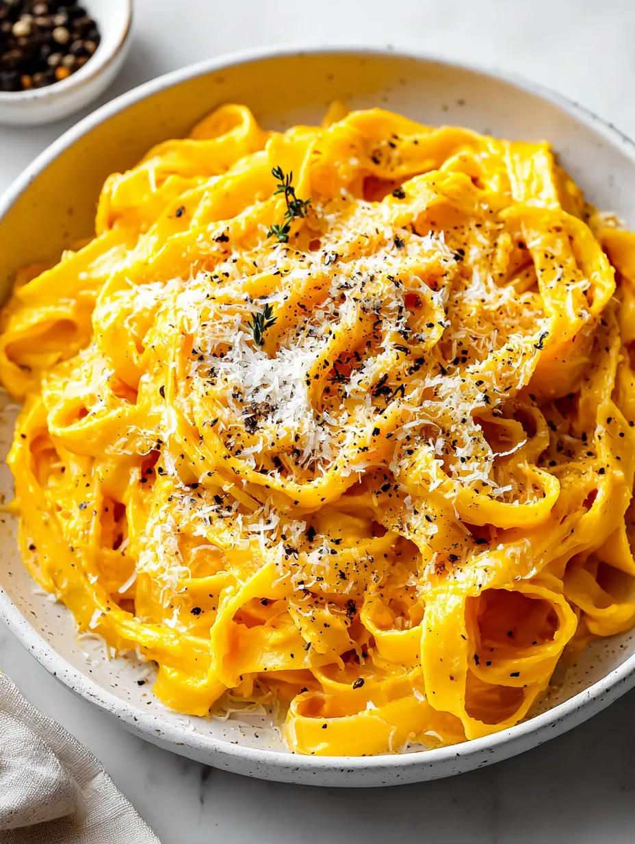 A bowl of creamy pumpkin fettuccine.