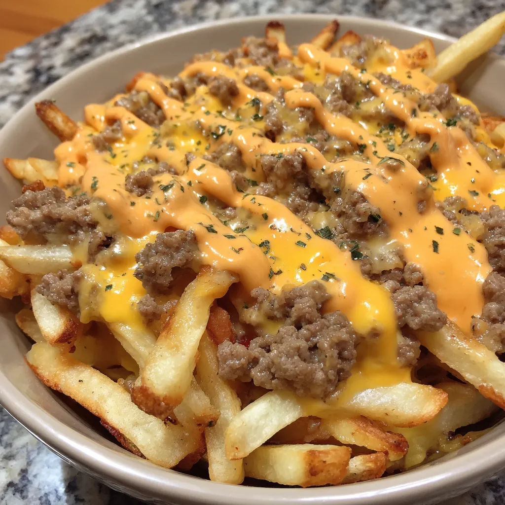 A bowl of cheeseburger fries.
