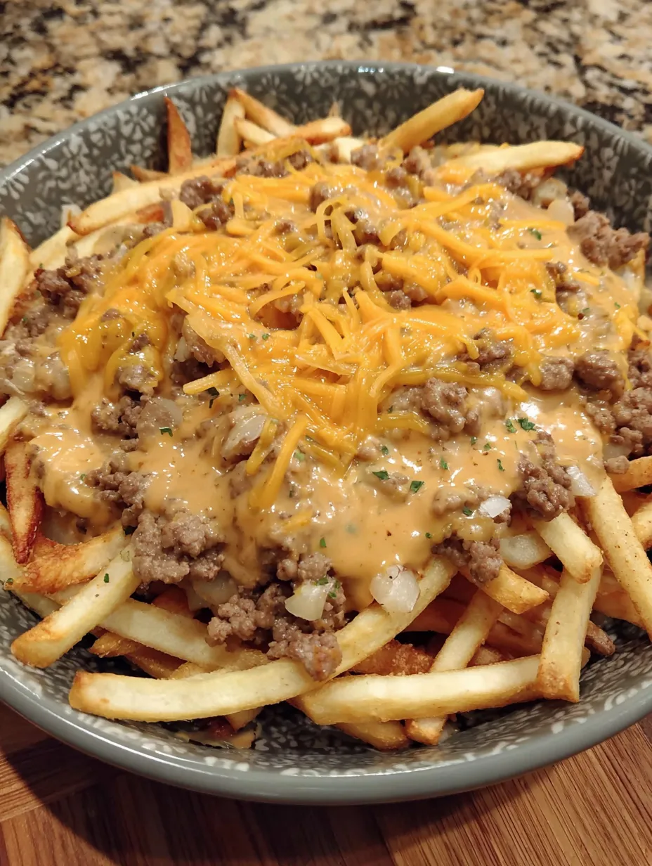 A bowl of cheeseburger french fry casserole.