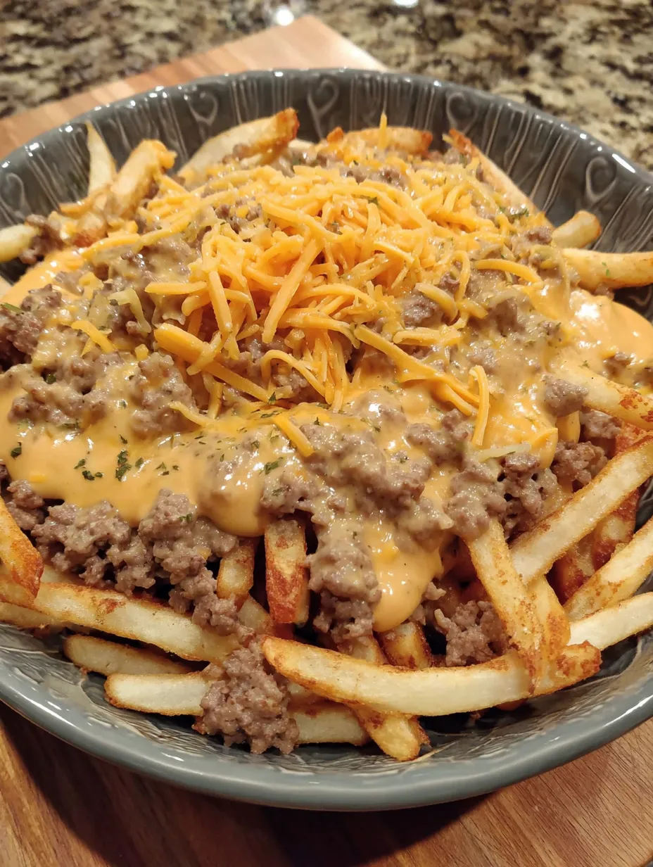 A bowl of cheeseburger fries.