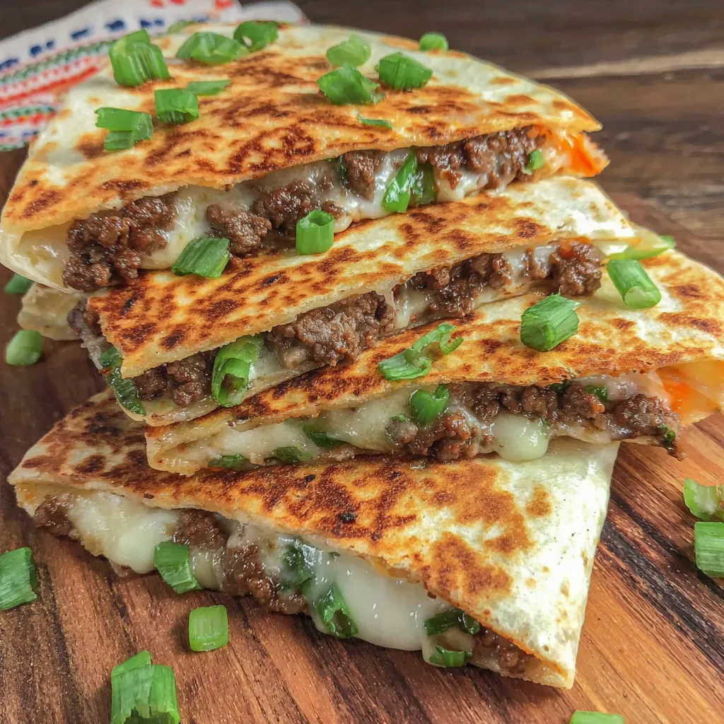 A stack of Korean beef quesadillas.