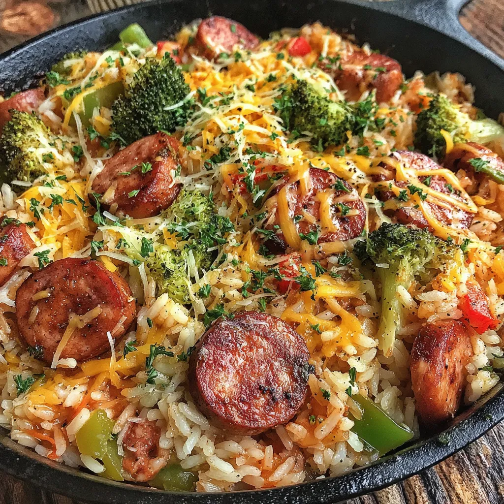 A skillet filled with rice, sausage, and broccoli.