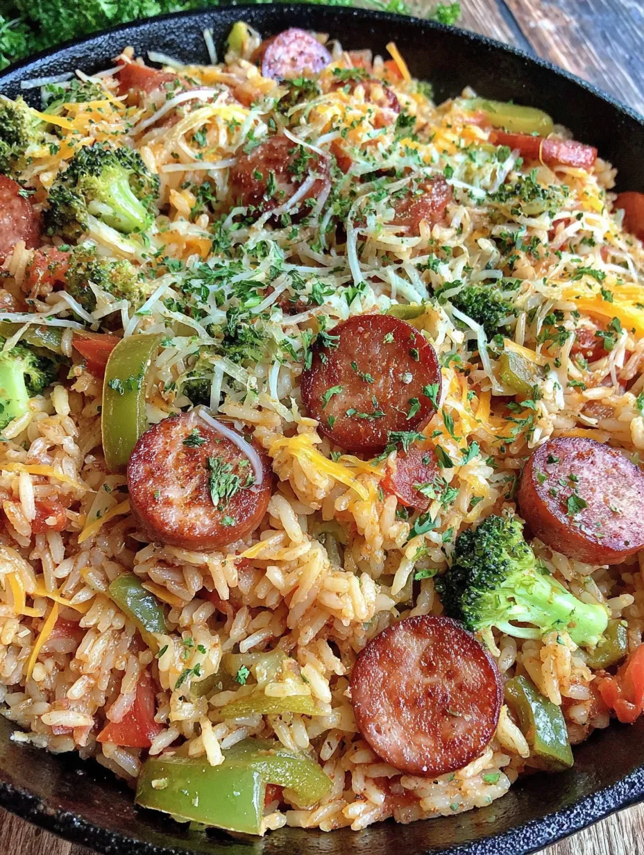 A skillet full of rice and sausage.