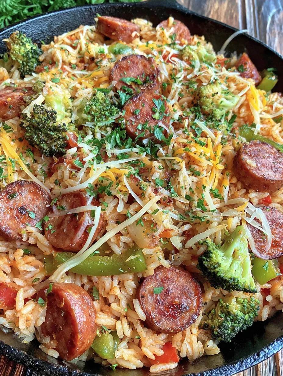 A skillet of rice with sausage and broccoli.