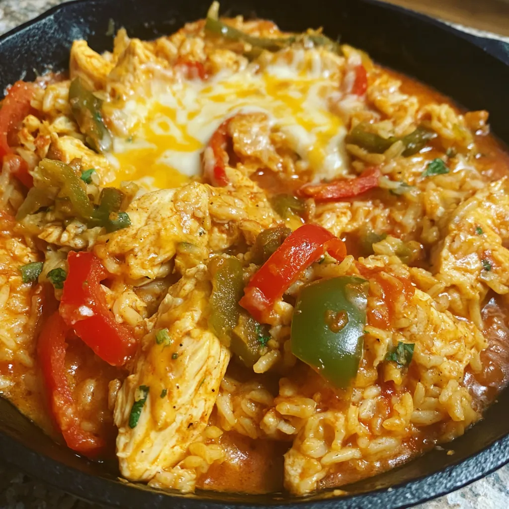 A skillet of chicken and peppers.