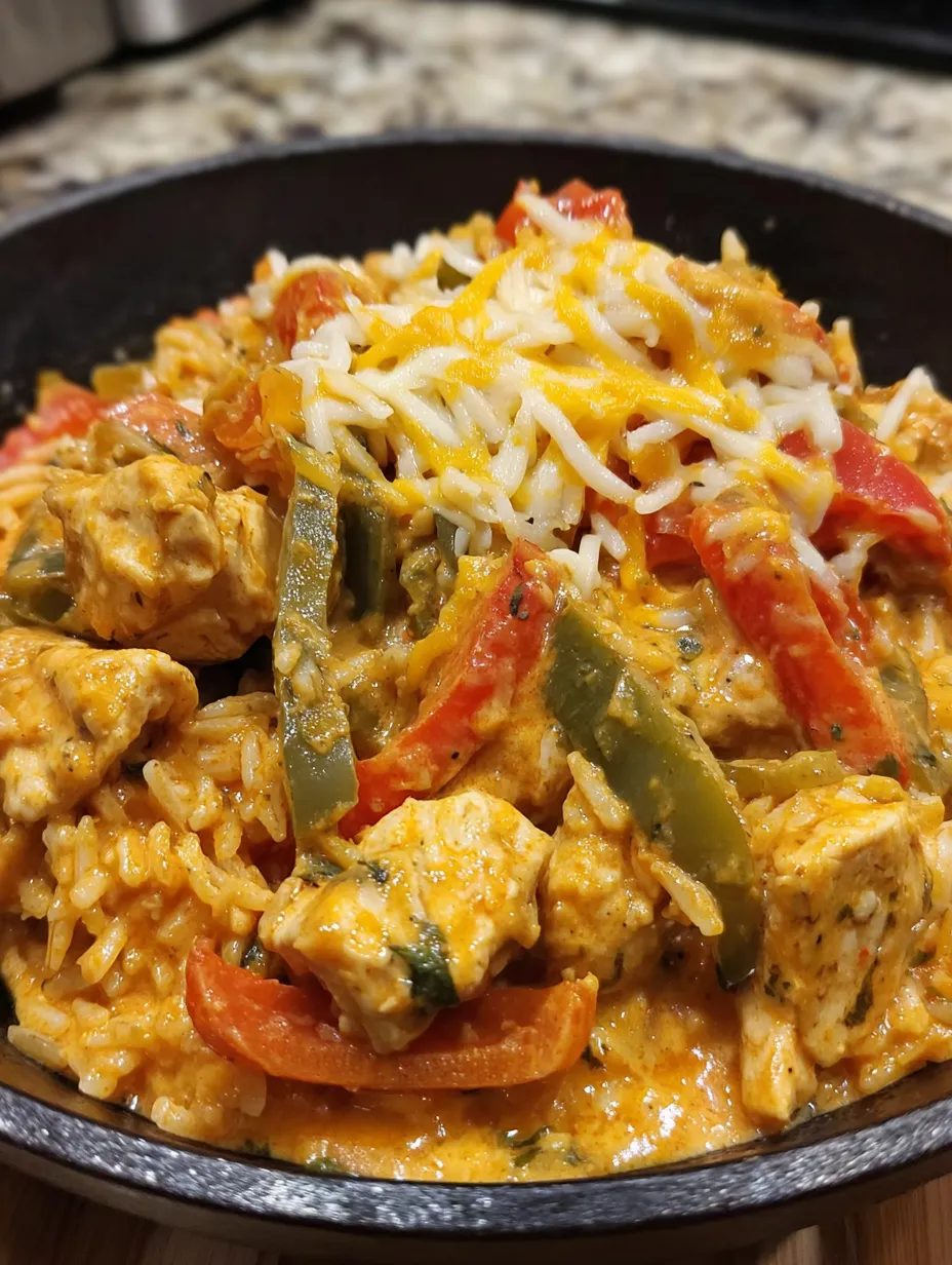A skillet full of chicken, peppers, and cheese.