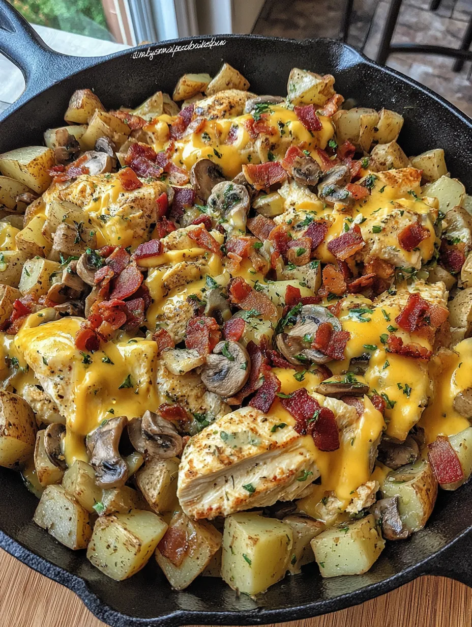 A delicious meal of chicken, potatoes and mushrooms.