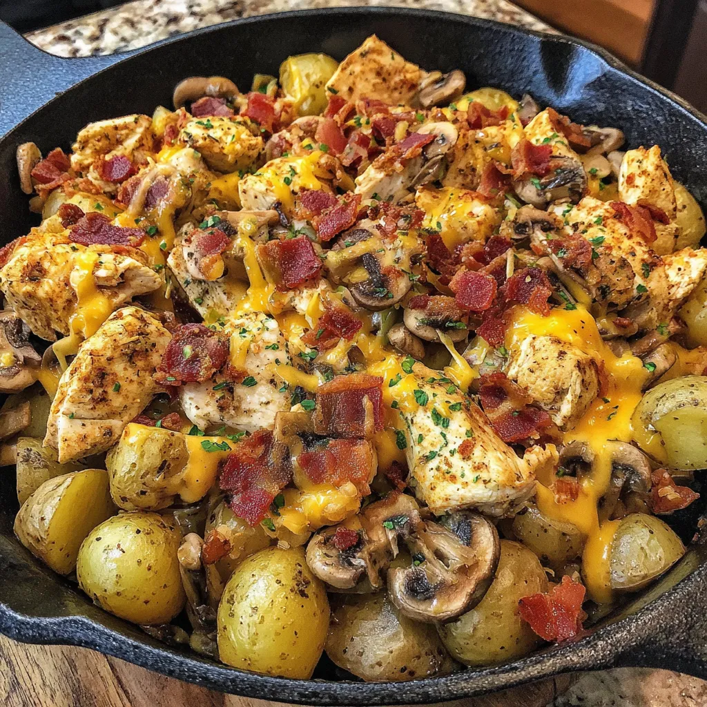 A delicious meal of chicken, potatoes and mushrooms.
