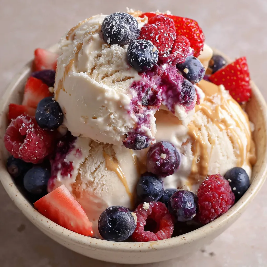 A bowl of healthy ice cream with berries and nuts.