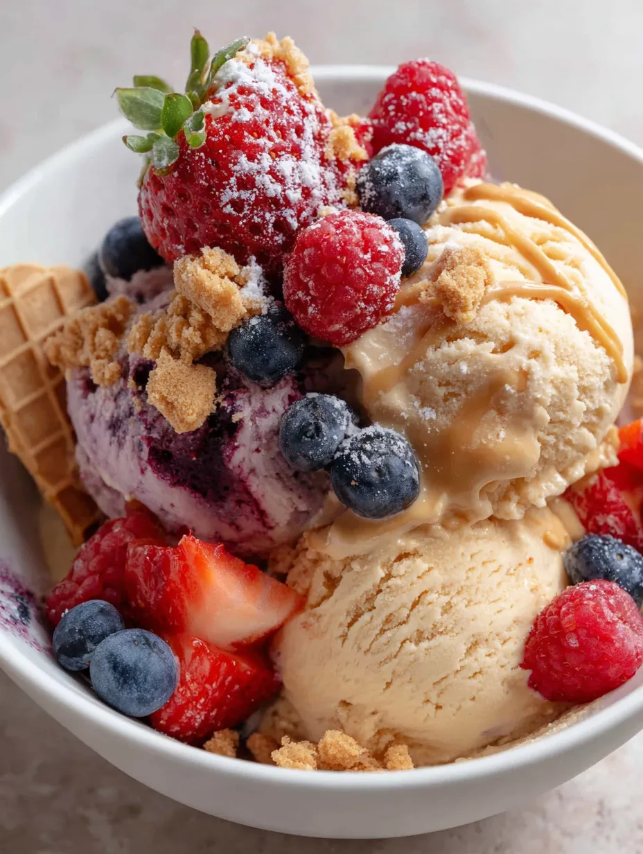 A bowl of healthy ice cream with berries and nuts.