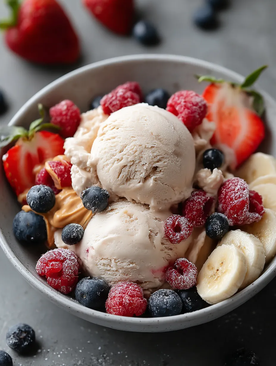 A bowl of healthy ice cream with fruit and nuts.