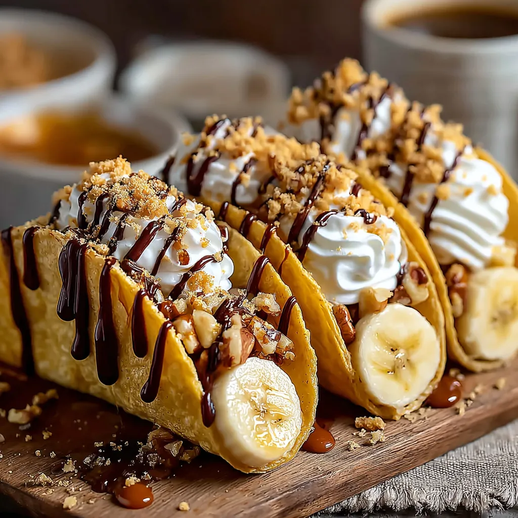 A plate of banana nut tacos with caramel drizzle.