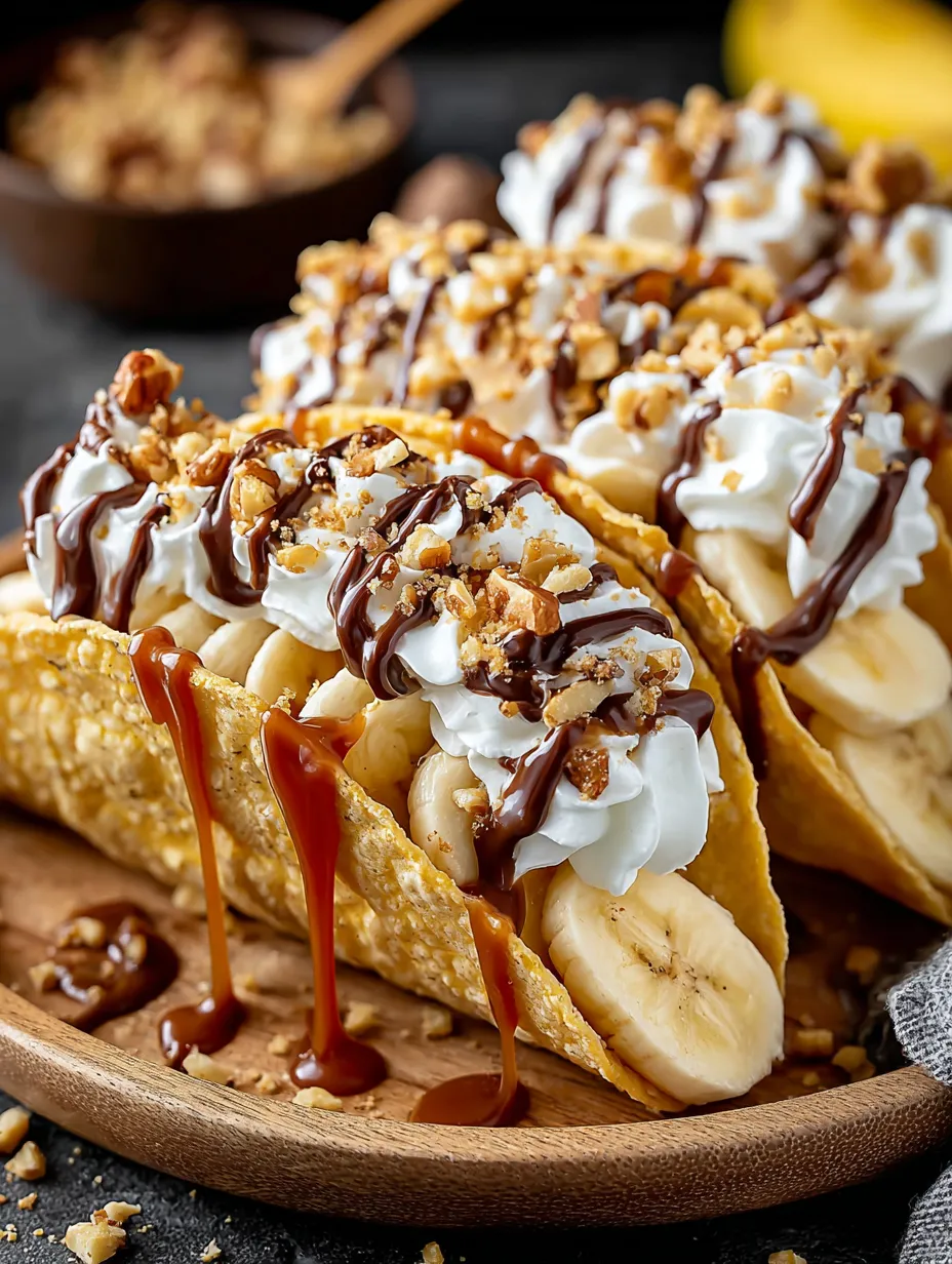 A plate of banana nut tacos with caramel drizzle.