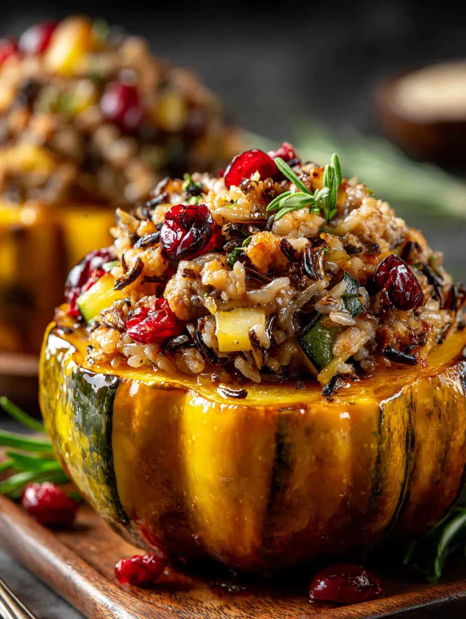 A stuffed acorn squash with chicken, apple sausage and wild rice.