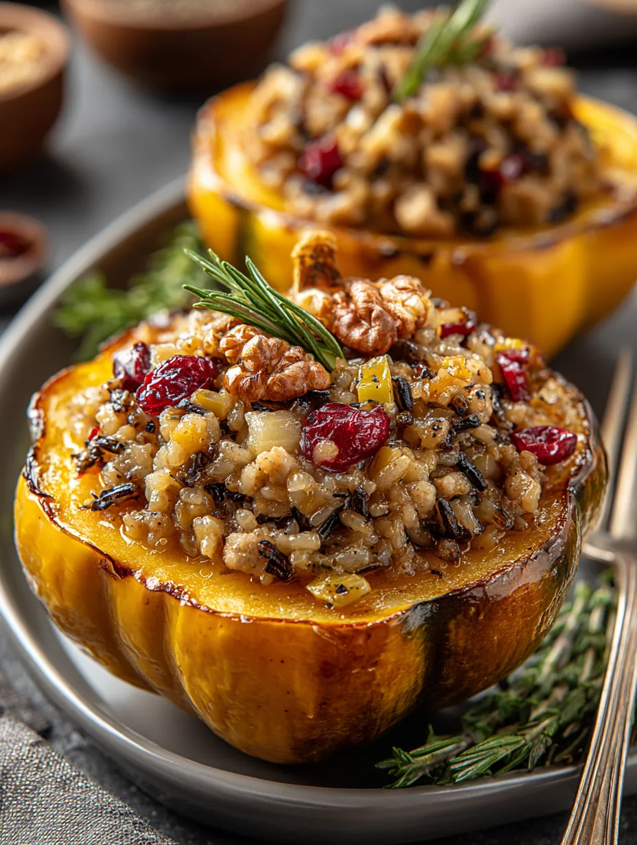 A stuffed acorn squash with chicken, apple sausage, and wild rice.