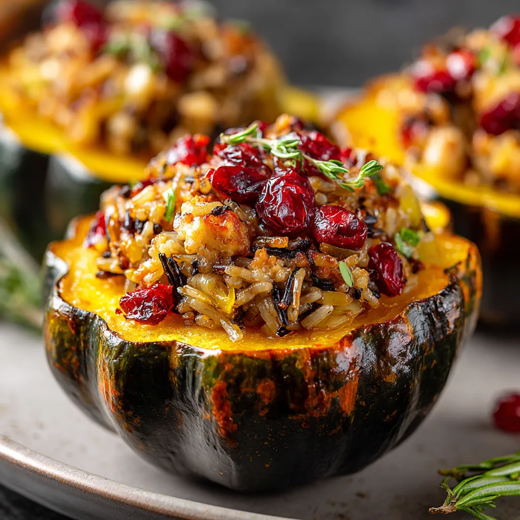 A stuffed acorn squash with chicken, apple sausage and wild rice.