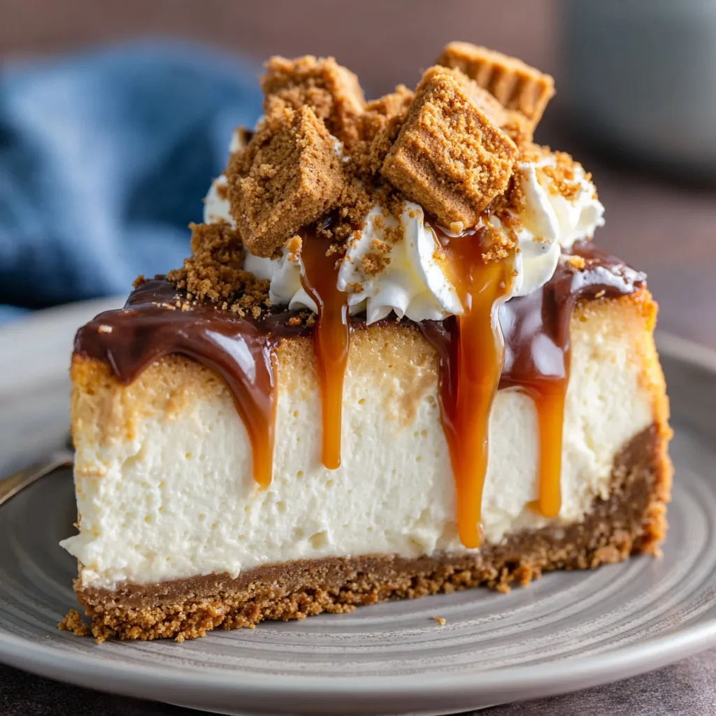 A slice of cheesecake with a biscuit crust.