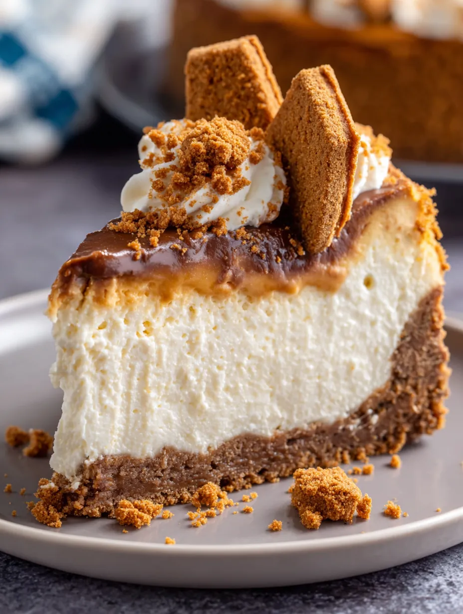 A slice of cheesecake with a biscuit crust.
