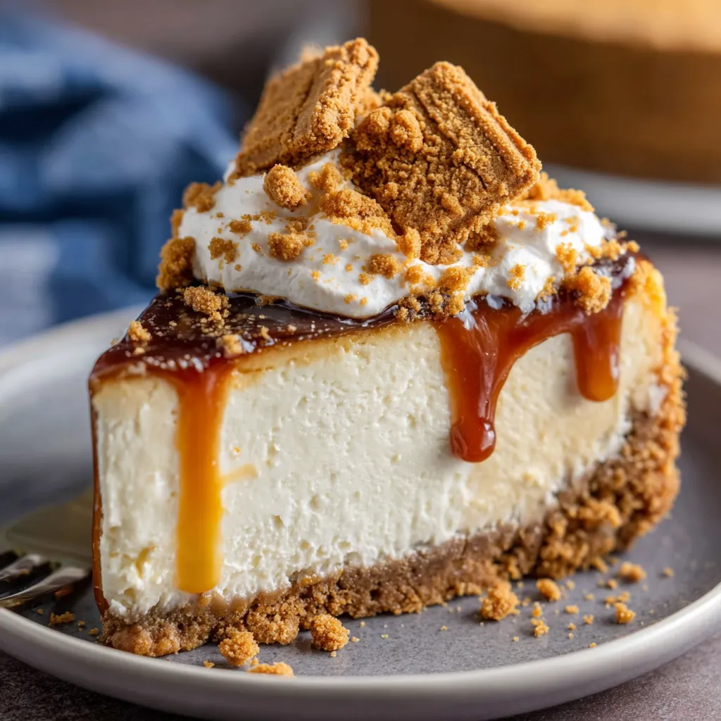 A slice of cheesecake with a biscuit crust.