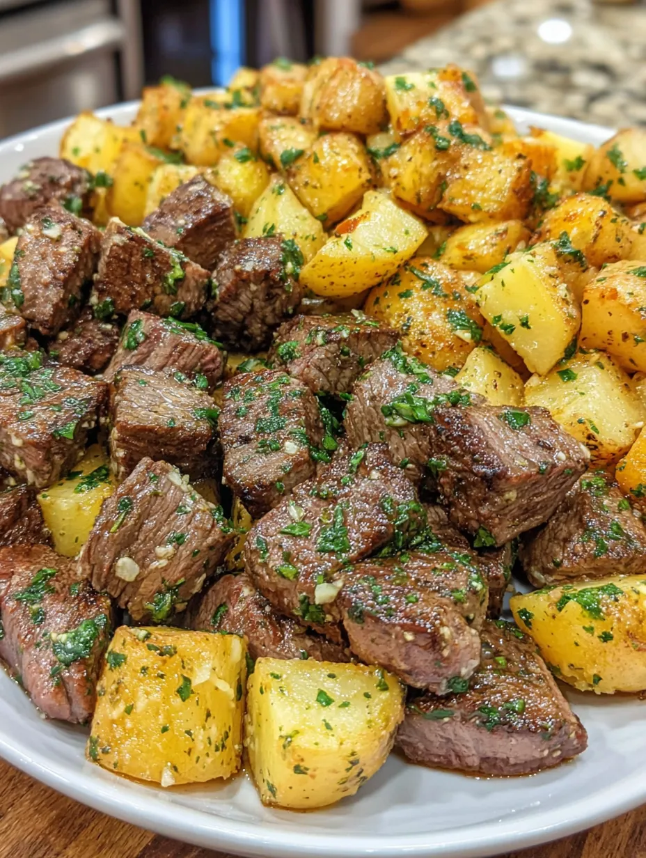 A plate of garlic butter steak bites and potatoes.