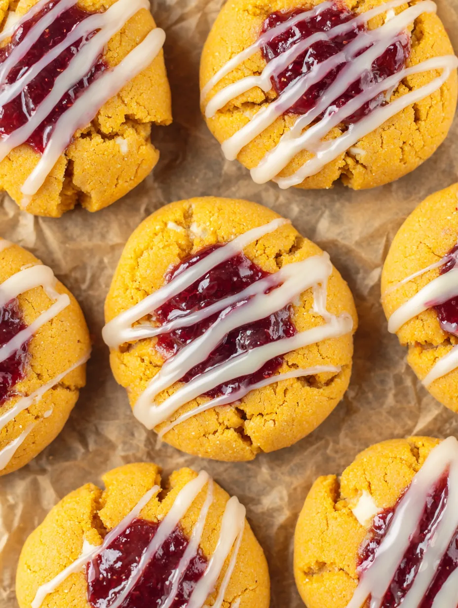 A close up of a gingerbread thumbprint cookie with cranberry sauce.