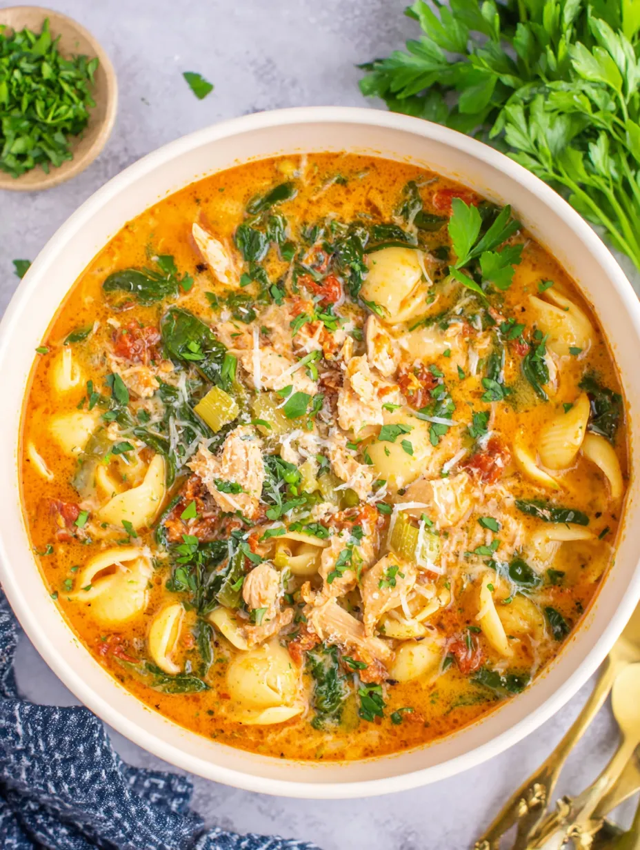 A bowl of Tuscan chicken soup with vegetables.