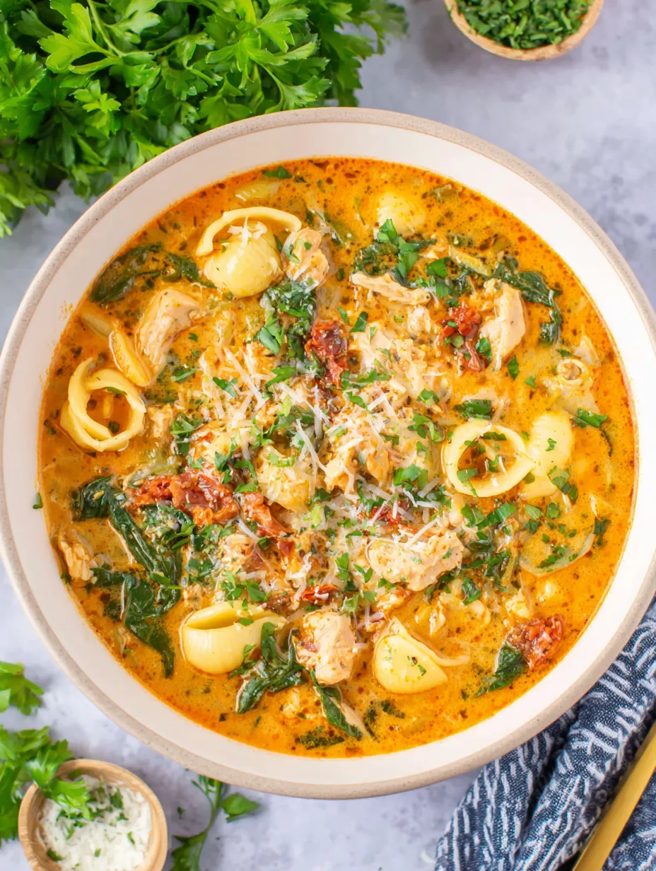 A bowl of Tuscan chicken soup with noodles and vegetables.