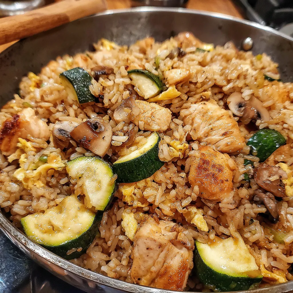 A pan of rice with chicken and vegetables.