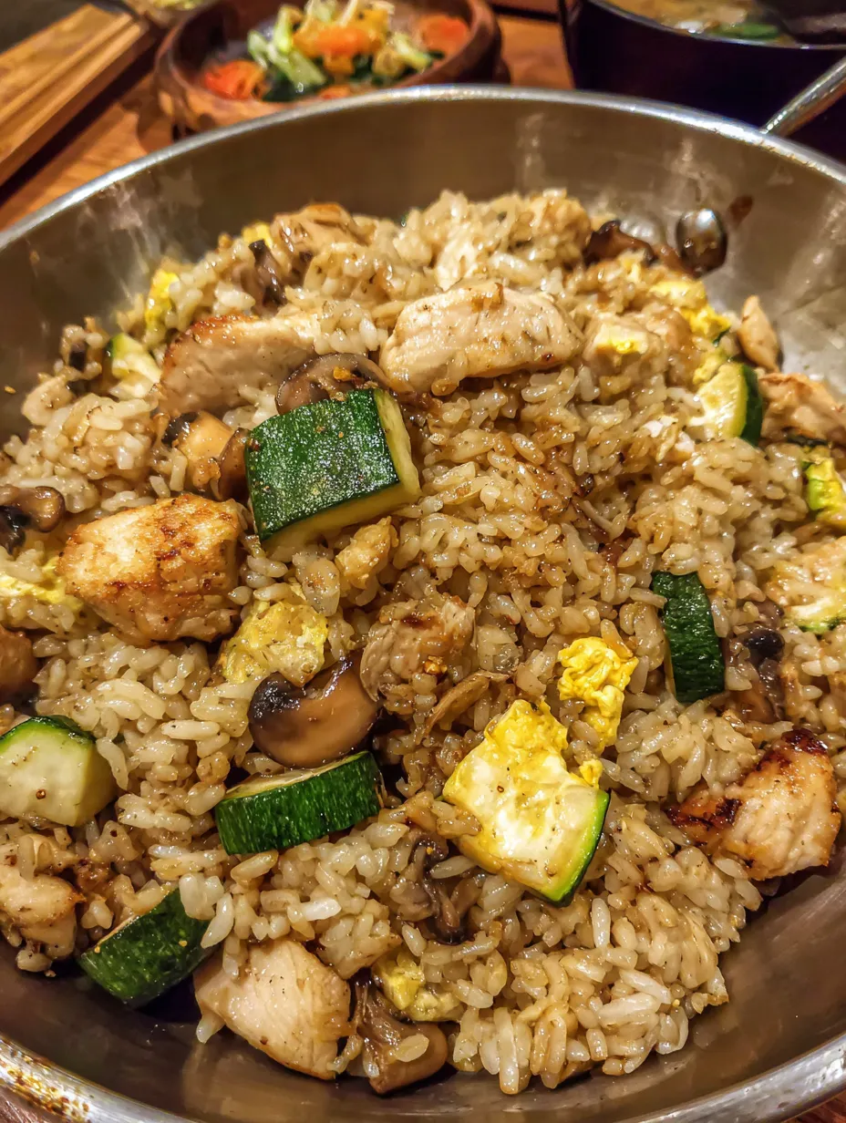 A bowl of rice with chicken and mushrooms.