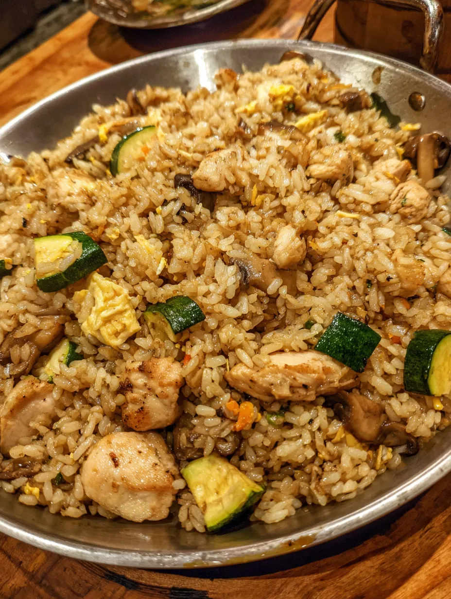 A plate of rice with chicken and vegetables.