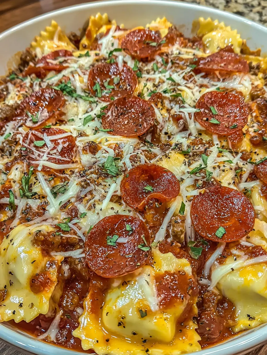 A close up of a cheesy pizza ravioli bake.