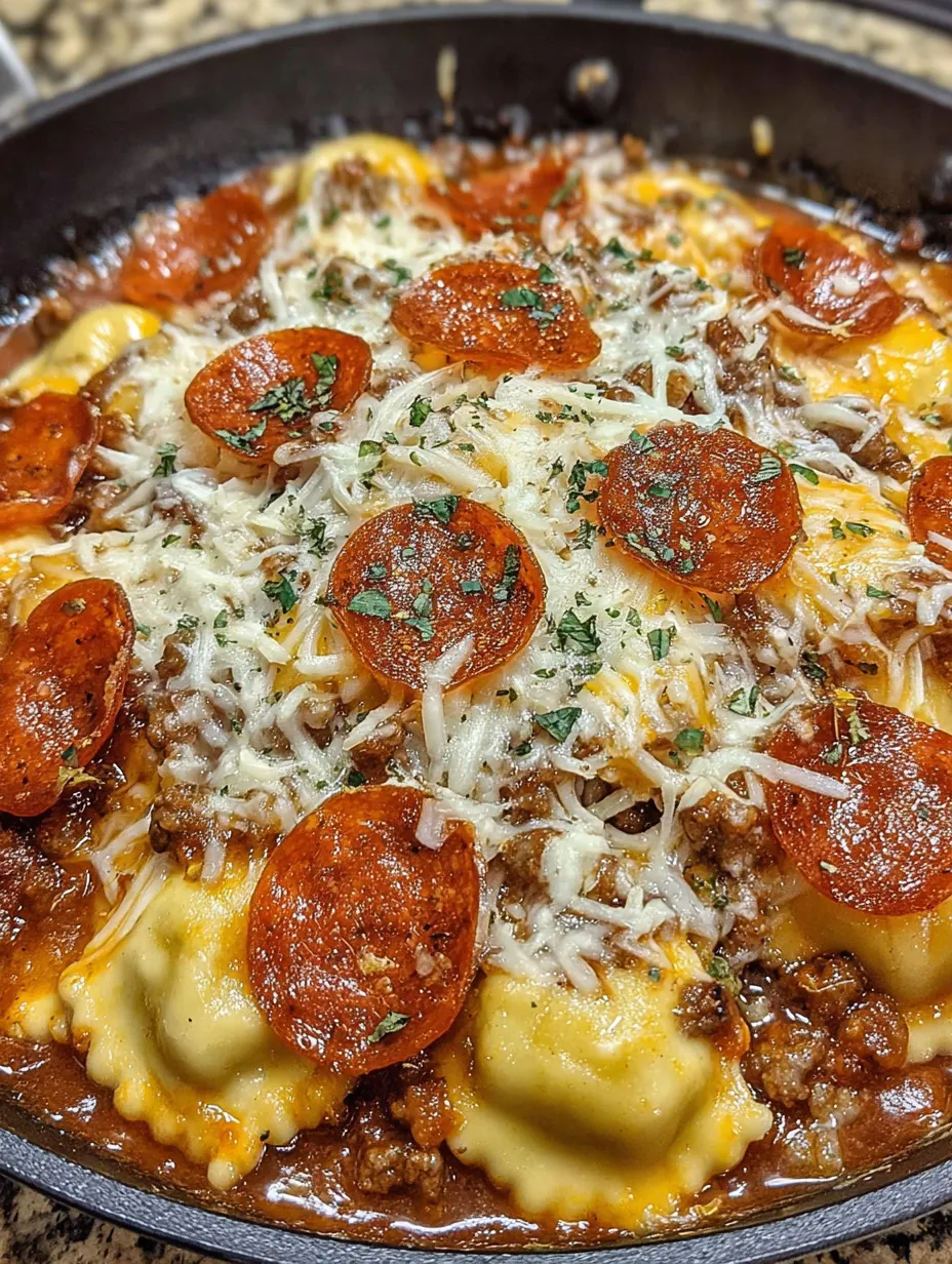 A cheesy pizza ravioli bake.