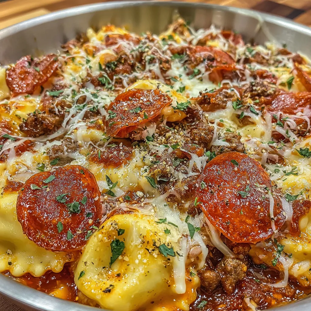 A cheesy pizza ravioli bake.