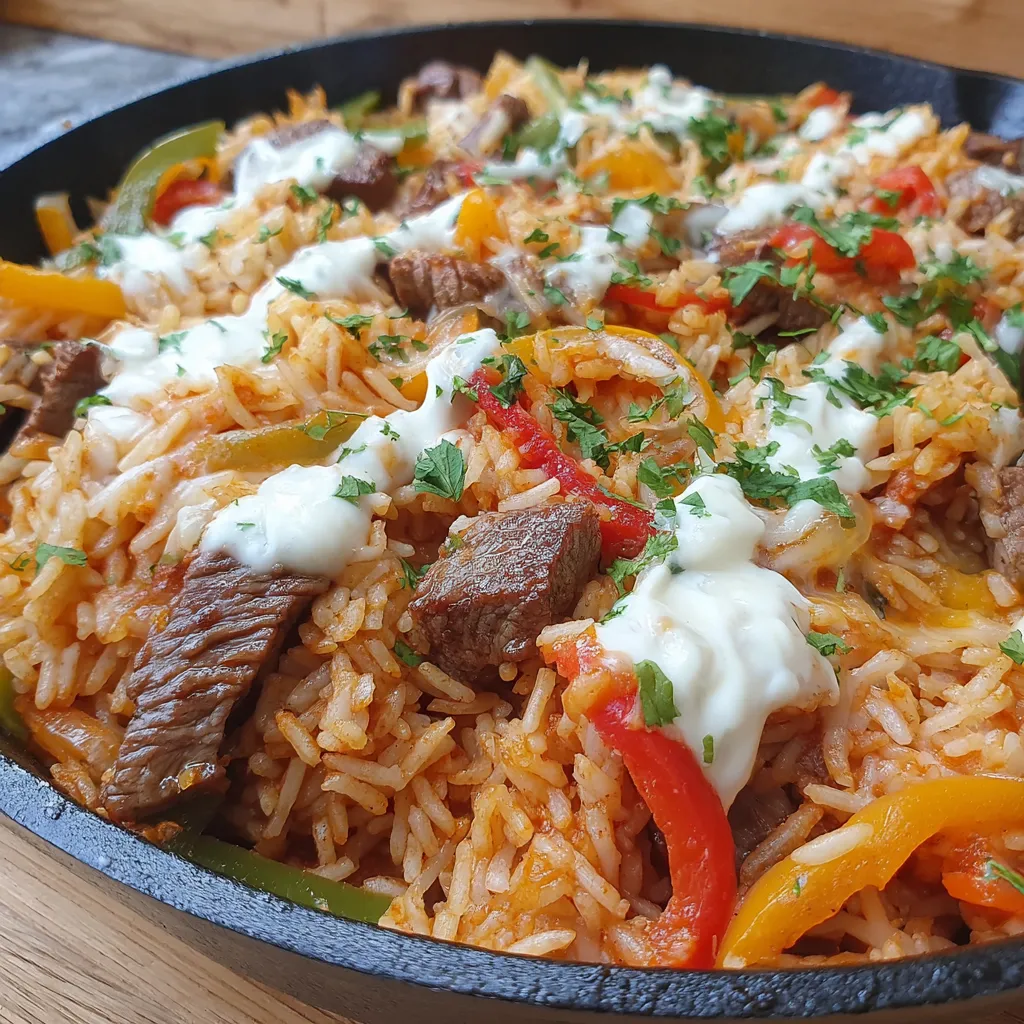 A skillet with a fajita steak and peppers.