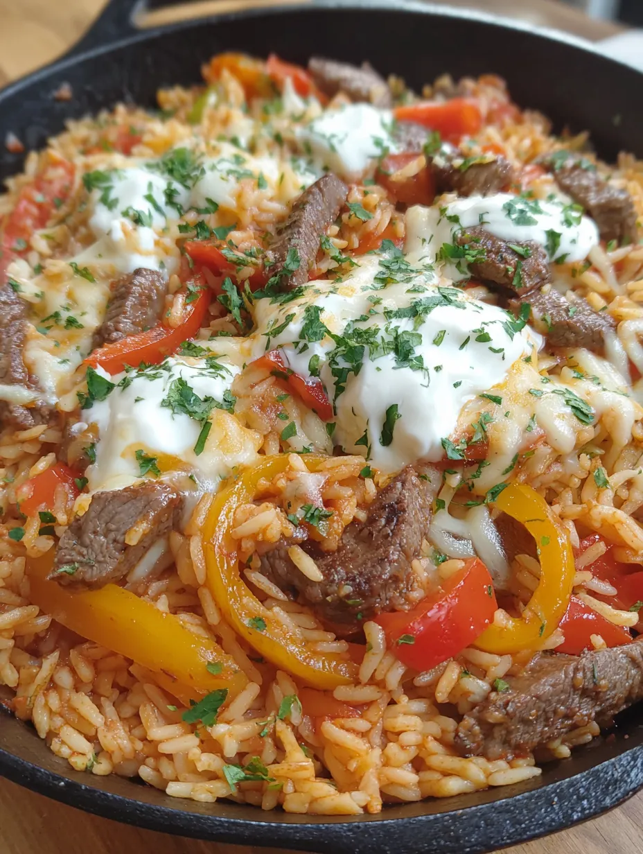 A skillet with a fajita steak and cheese.