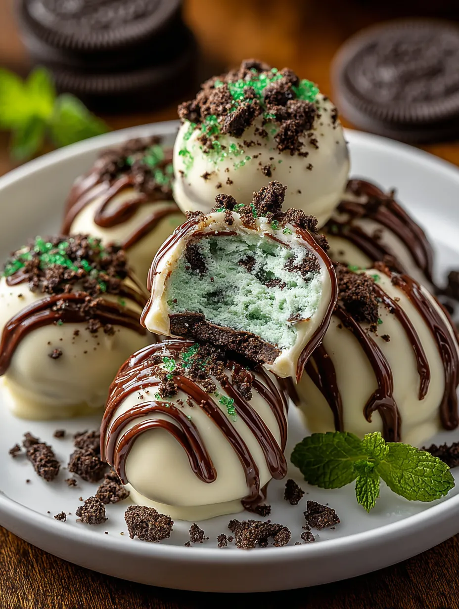 A plate of chocolate and mint truffles.