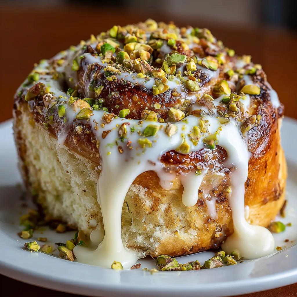 A plate of white chocolate pistachio cinnamon rolls.