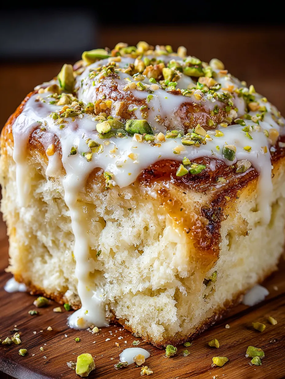 A roll of white chocolate pistachio cinnamon rolls.