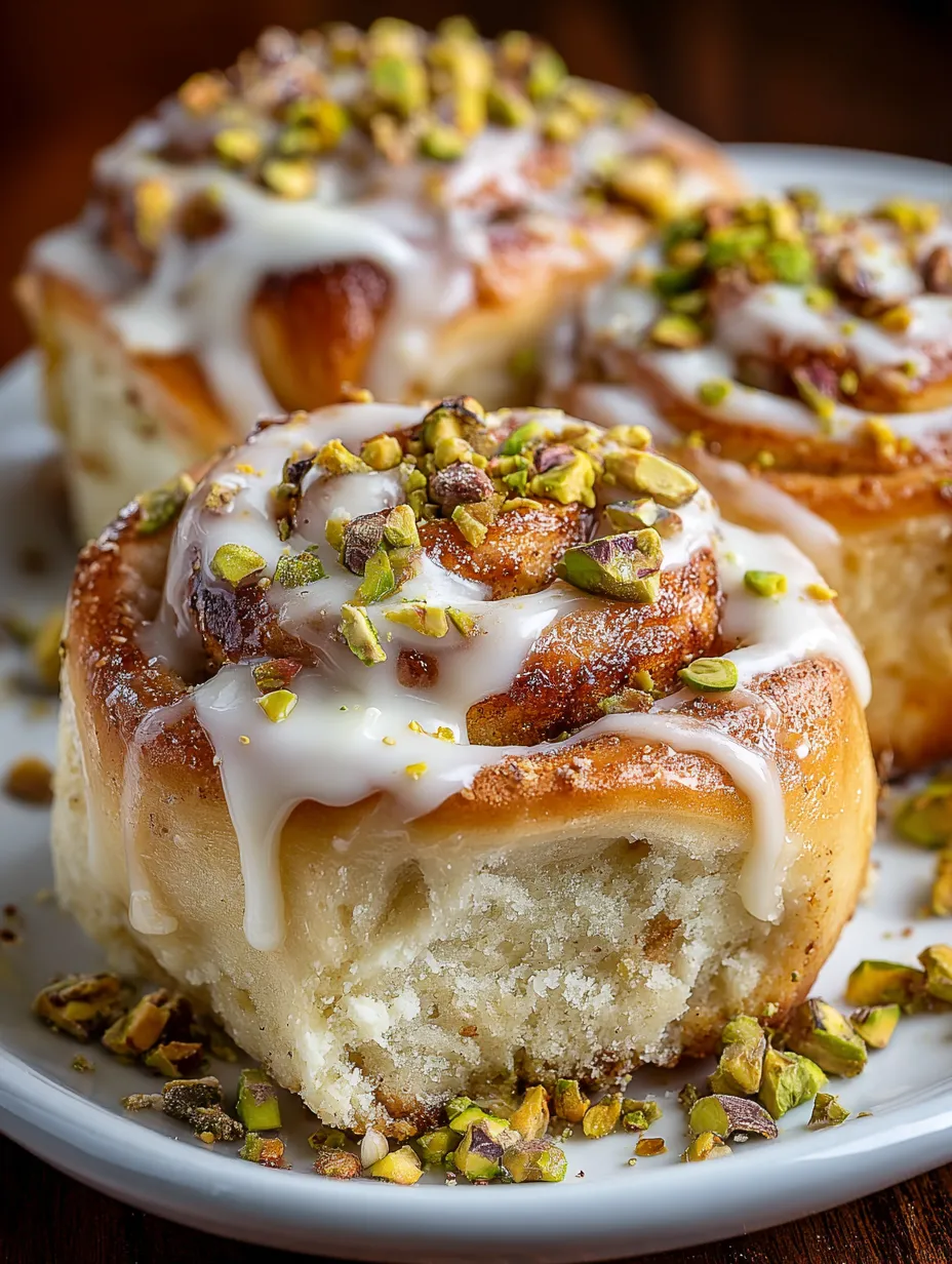 White chocolate pistachio cinnamon rolls.