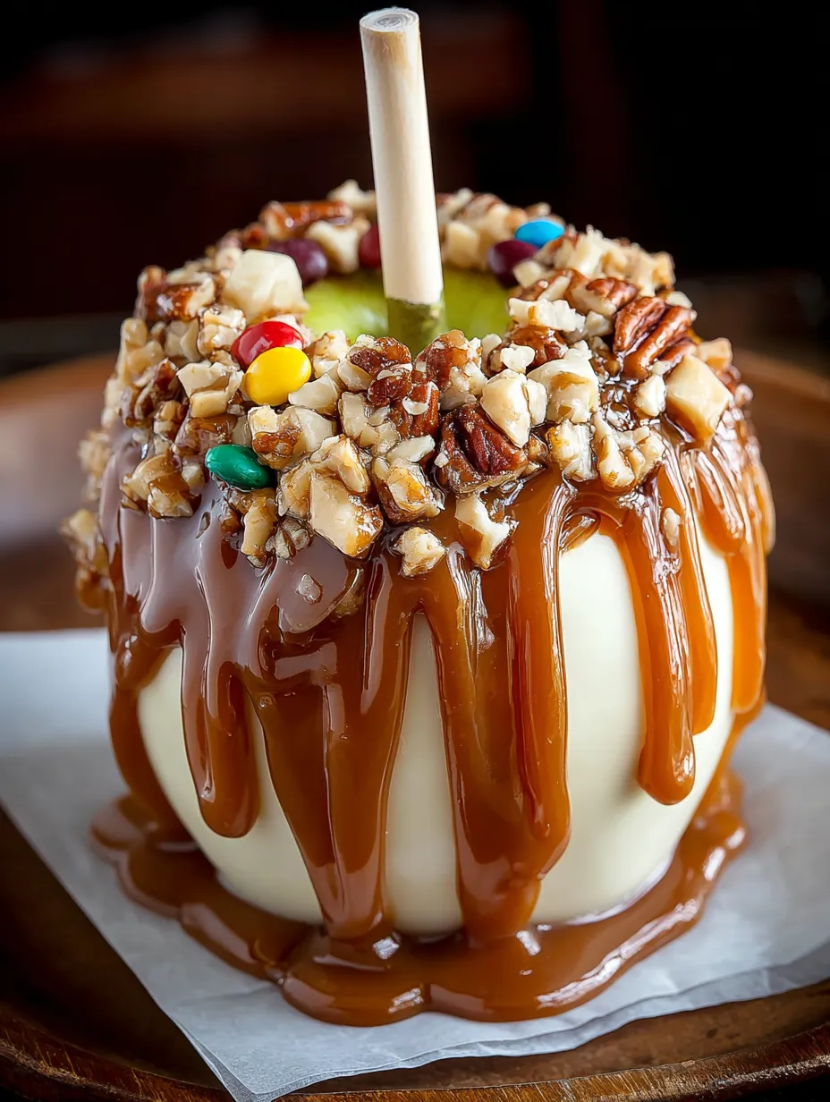 A gourmet candy-coated caramel apple.