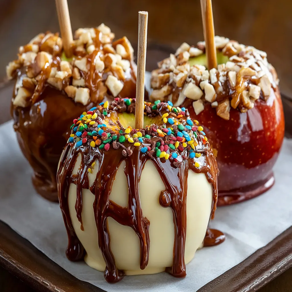 Three gourmet candy-coated caramel apples with chocolate drizzle.