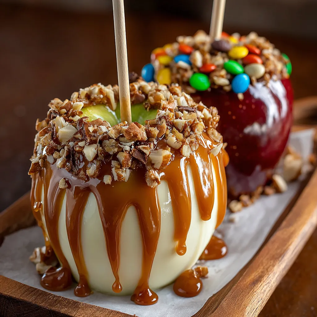 A gourmet candy-coated caramel apple with a stick in it.