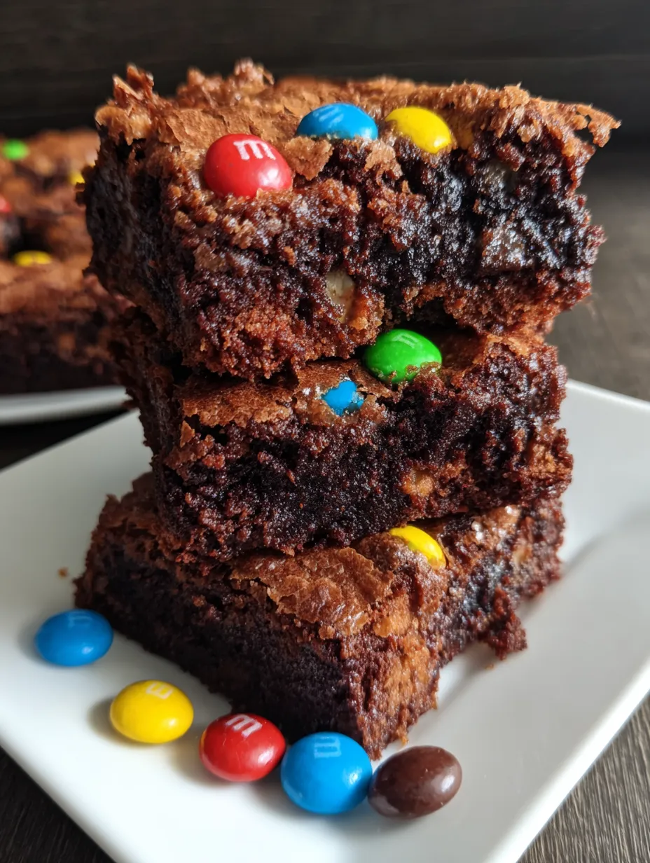 A stack of chocolate brownies with M&M's on top.