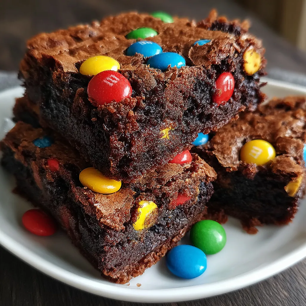 A plate of chocolate brownies with M&M's.