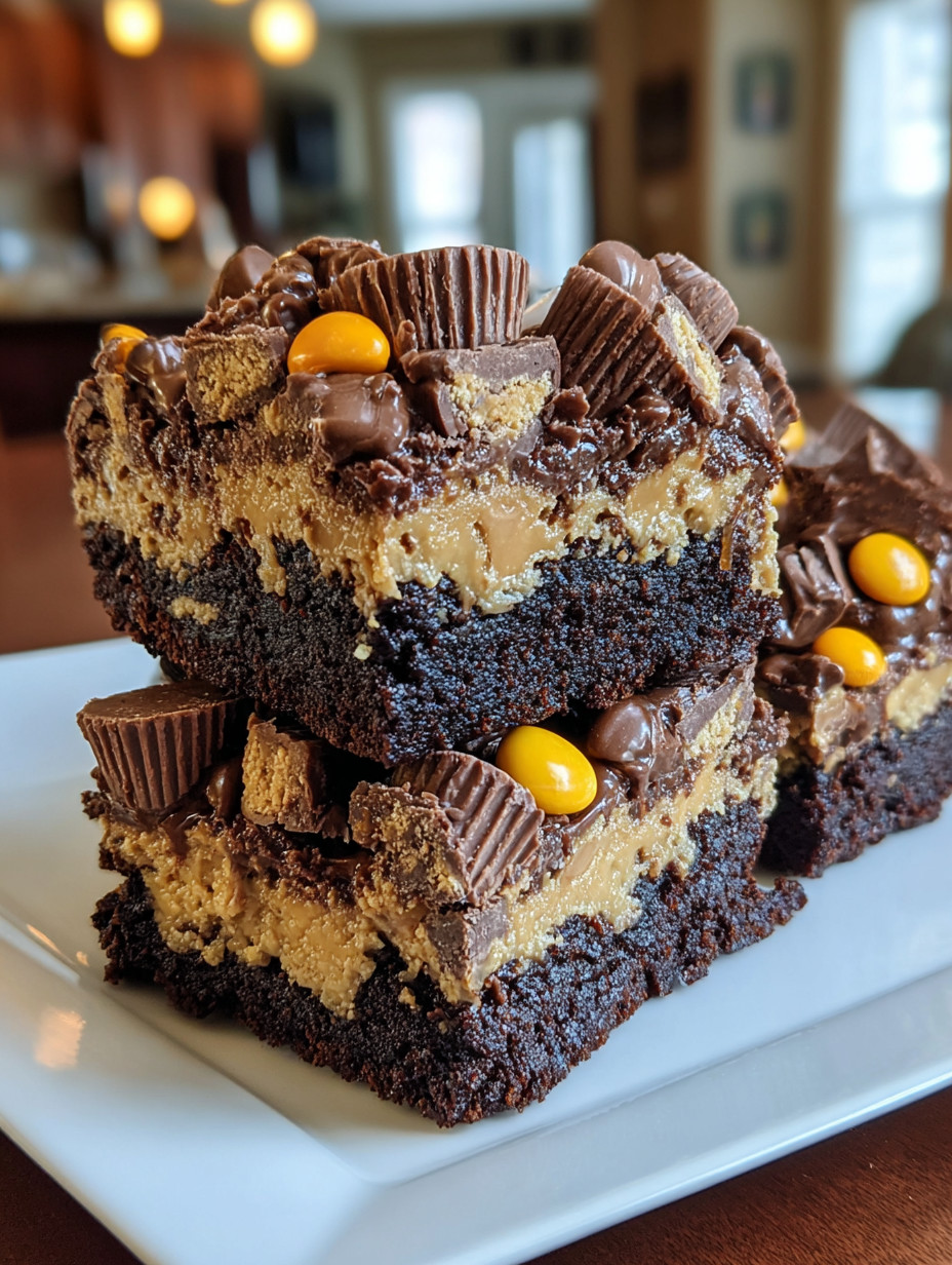 A stack of brownies with peanut butter and candy on top.