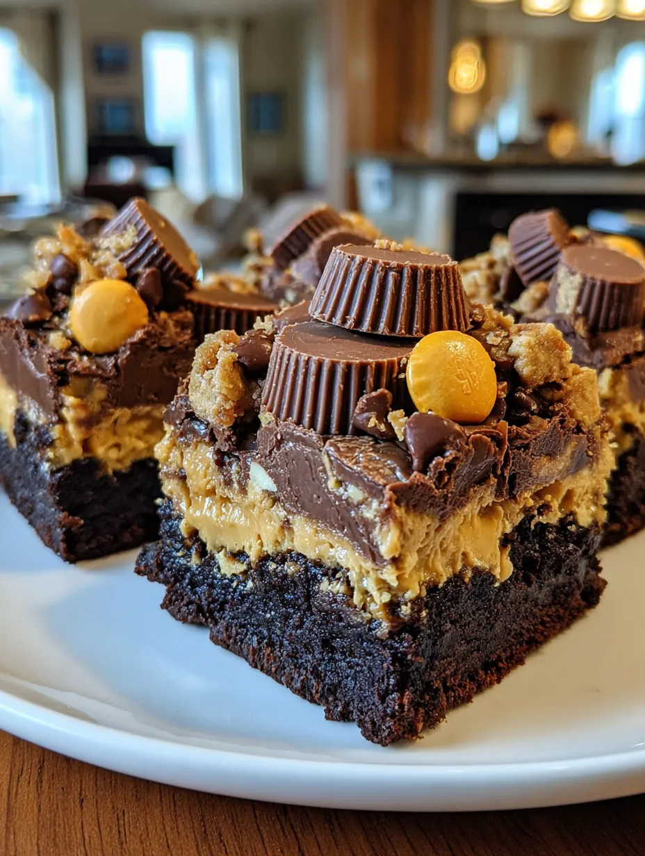 A plate of peanut butter and chocolate brownies.
