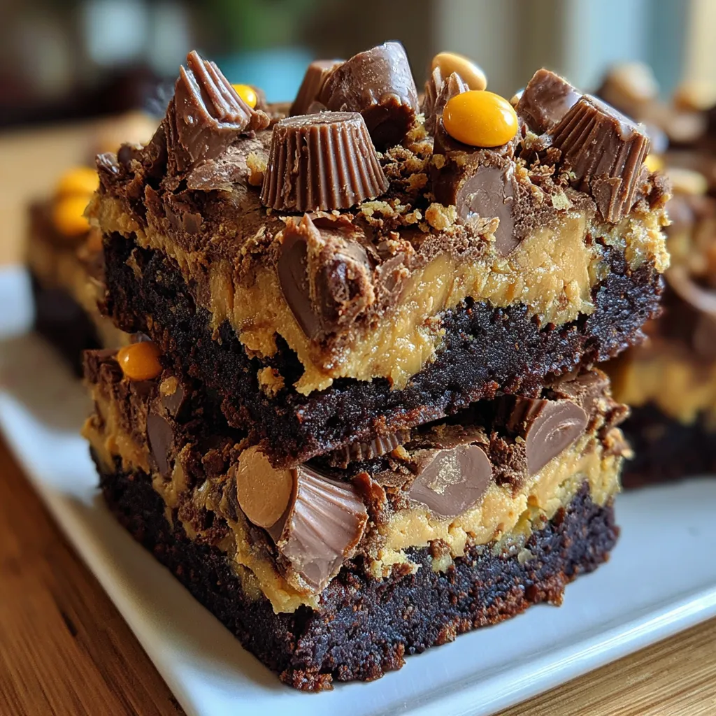 A stack of three brownies with peanut butter and Reese's peanut butter cups on top.