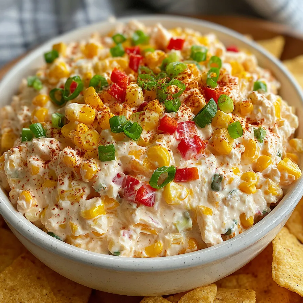 A bowl of corn dip with chips.