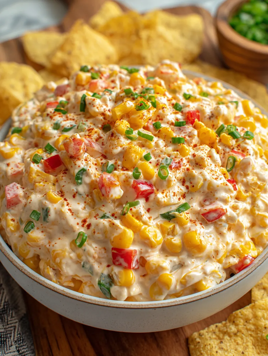 A bowl of corn dip with chips.